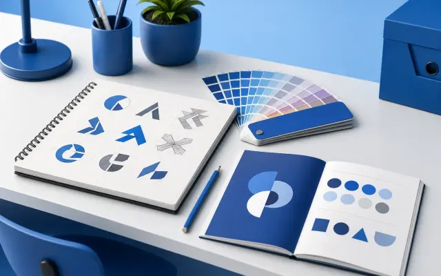 Logo sketches, colour swatches and a style guide on a desk
