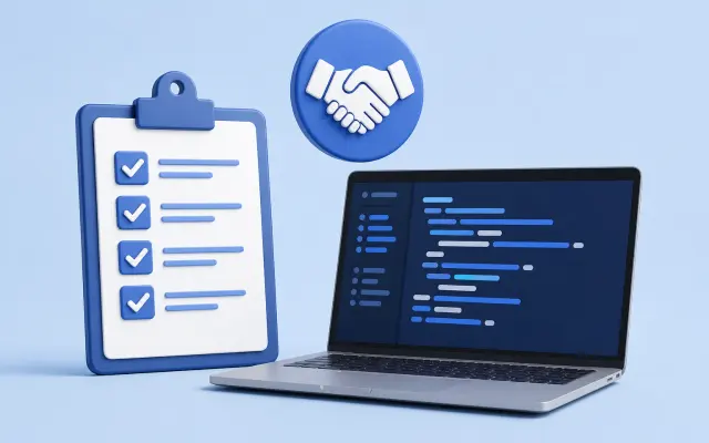 Checklist clipboard beside a laptop with code and a handshake icon