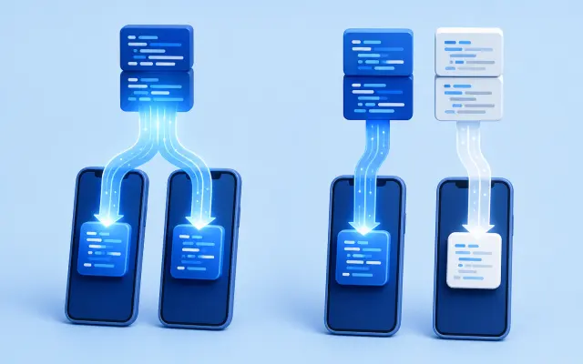 Two smartphones, one with a single shared codebase stream and one with two separate code stacks