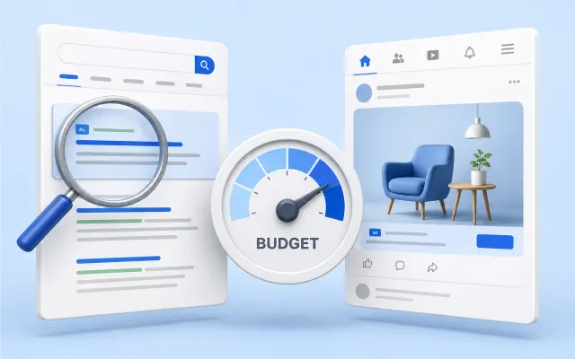 Search ad panel and social feed ad panel side by side with a budget dial between them