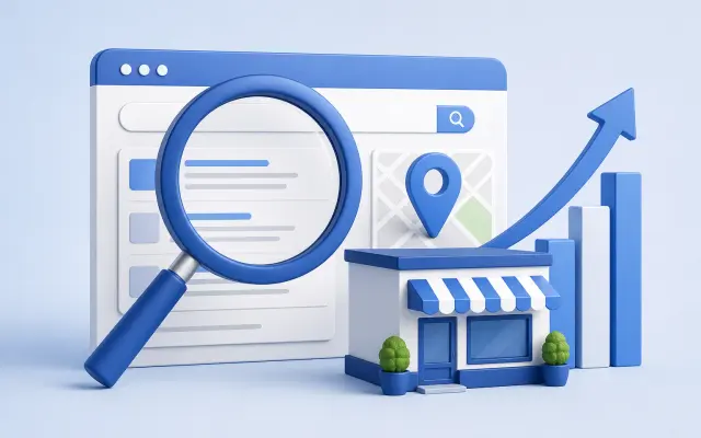 Magnifying glass over search results with a map pin, shopfront and growth chart