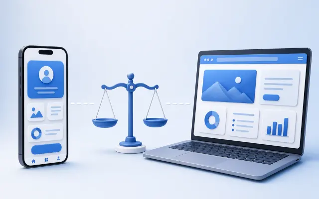 Smartphone app and laptop website balanced on either side of a scale