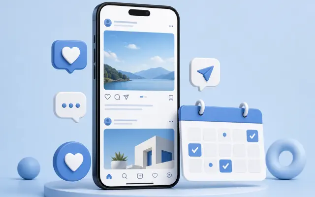 Smartphone showing social media posts with hearts, comments and a content calendar beside it