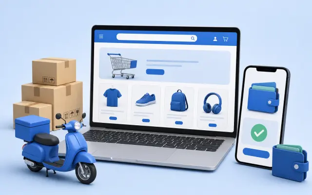 Online store on a laptop with parcels, a delivery scooter and a mobile wallet payment
