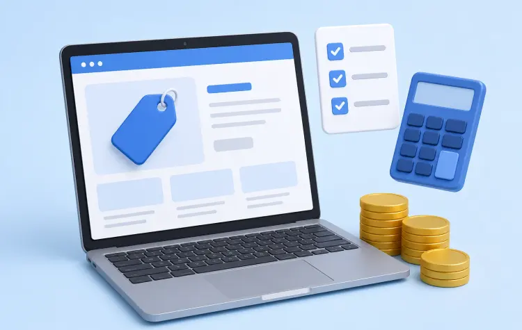 Laptop showing a website with a price tag, beside a calculator, checklist and coins