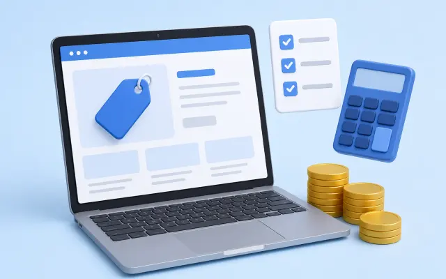 Laptop showing a website with a price tag, beside a calculator, checklist and coins