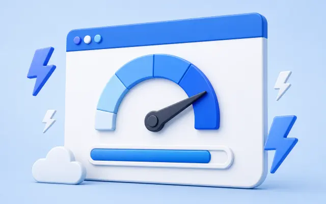 Browser window with a speedometer gauge and loading bar